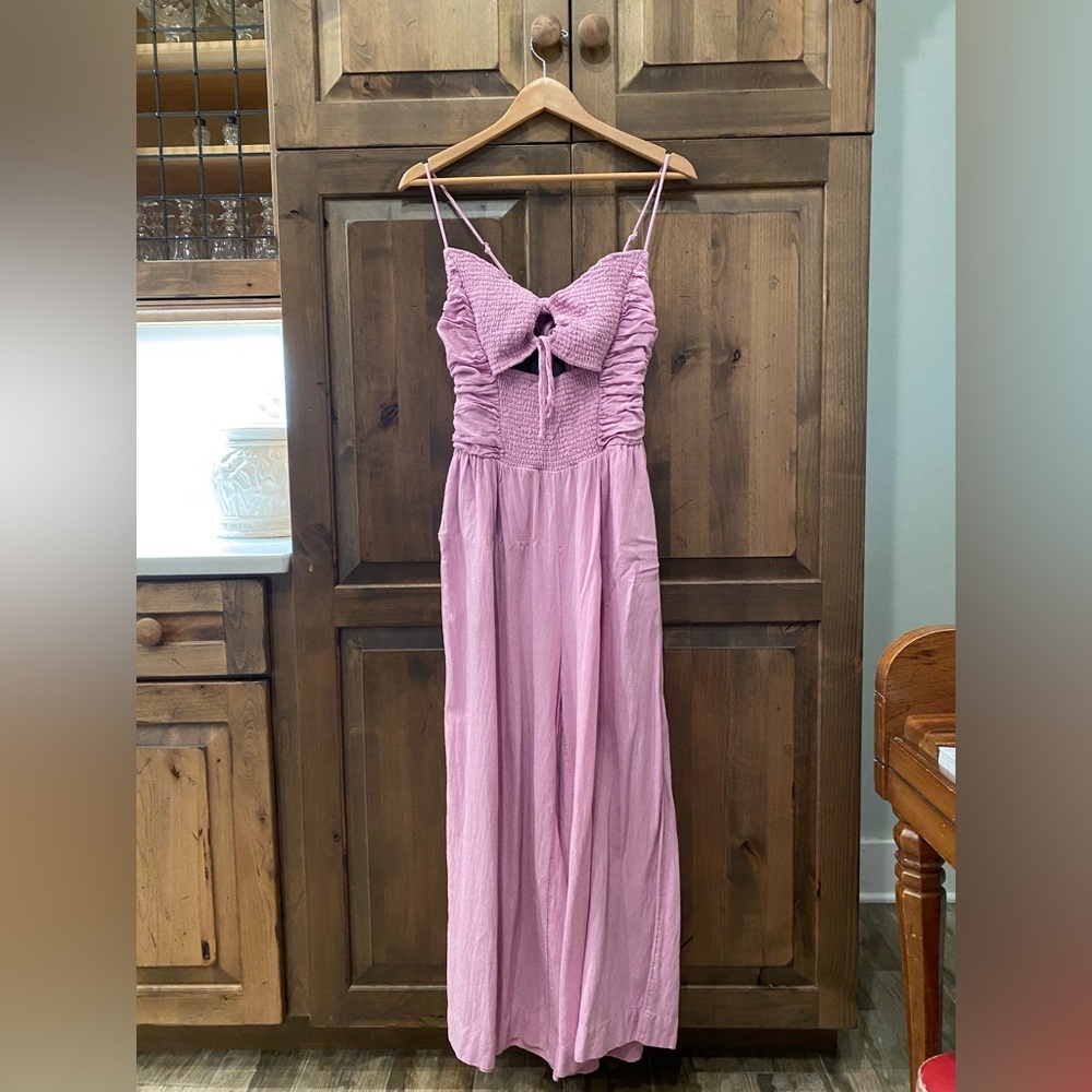 NWOT freepeople Endless Summer Day Glo smocked wide leg jumpsuit, Bubble Tea, M,